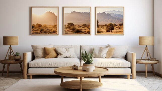 A cozy living room with stylish decor and wall art