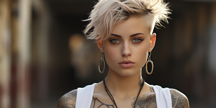 Daring 18yo woman with a stunning shaved undercut & hair tattoos exudes unique vibrancy and confidence in an urban graffiti salon.