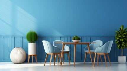 A well-designed and cozy room with a stylish table, chairs, and a vibrant potted plant