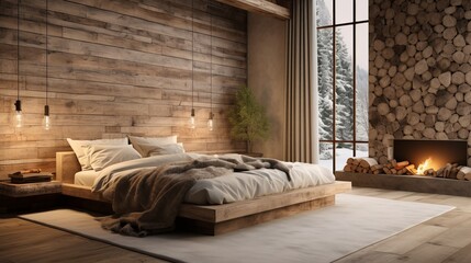 A cozy bedroom with a stylish bed and a warm fireplace