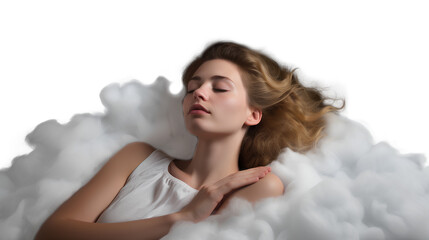 woman sleeping on a cloud. concept of depression, addiction, loneliness and mental health. Isolated on Transparent background.