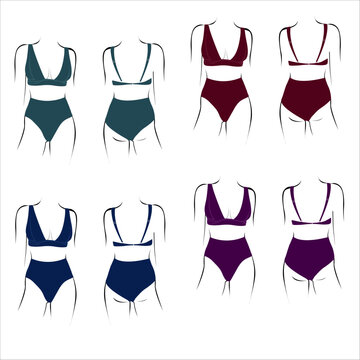 Summer isolated fashion set objects. Minimalistic simplified vector illustration. Different Swimsuit types for beach. One-piece and two-piece swimsuits.
