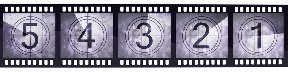 3d render film strip countdown (clipping path and isolated on white) - obrazy, fototapety, plakaty
