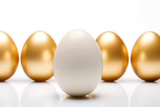 White egg in front of golden eggs.