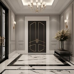 entrance hall with two elevators black and white Generative AI