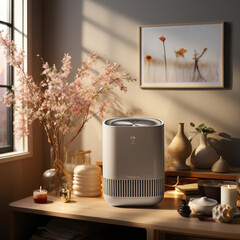  A square air purifier in a room with a orchid 

