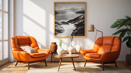
Cadeiras minimalistas de couro laranja em design de interiores redondo escandinavo de meados do século da moderna sala de estar - obrazy, fototapety, plakaty