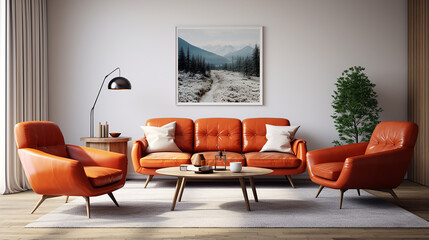
Cadeiras minimalistas de couro laranja em design de interiores redondo escandinavo de meados do século da moderna sala de estar - obrazy, fototapety, plakaty