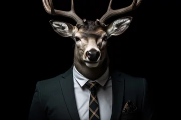 Tuinposter Creative deer animal wearing nice suit with portrait style. © Golden House Images
