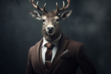 Creative deer animal wearing nice suit with portrait style.