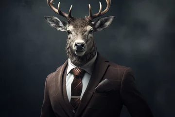 Keuken spatwand met foto Creative deer animal wearing nice suit with portrait style. © Golden House Images