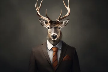 Rolgordijnen Creative deer animal wearing nice suit with portrait style. © Golden House Images