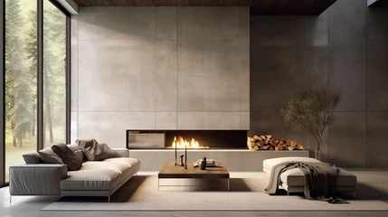 Gordijnen Design de interiores de estilo minimalista da moderna sala de estar com lareira e paredes de concreto © Alexandre