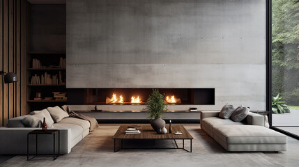Design de interiores de estilo minimalista da moderna sala de estar com lareira e paredes de concreto - obrazy, fototapety, plakaty