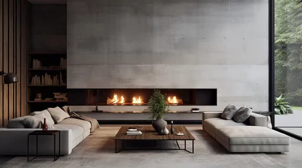 Afwasbaar fotobehang Design de interiores de estilo minimalista da moderna sala de estar com lareira e paredes de concreto © Alexandre