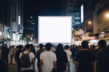 Fototapeta premium many people looking at blank LED billboard mockup in night city street