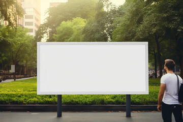 Fototapeta premium man looks at a blank billboard in the city park