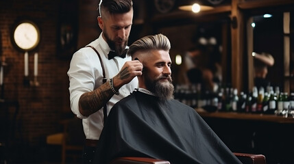 Homem modelo no salão de barbearia faz um novo corte de cabelo. sentado na cadeira e conversando com o cabeleireiro - obrazy, fototapety, plakaty