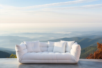 Fototapeta na wymiar Creative white modern sofa furniture on the mountain.