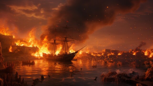 ships burning at sea during the war Generative AI
