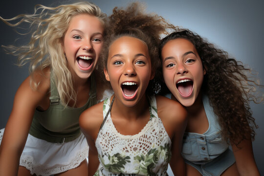 Vibrant trio of youthful girls, clad in lace tank tops and short skirts, delightfully capturing a fun-filled selfie with laughter and bonding on a plain backdrop.
