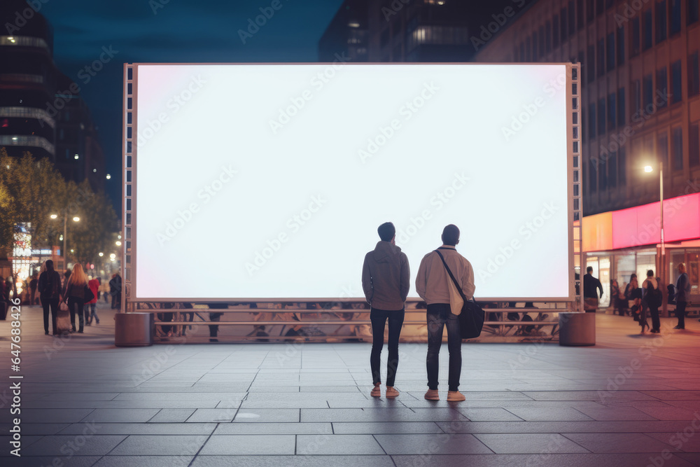 Wall mural people looking at blank led billboard mockup in night city street