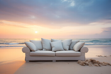 Creative modern luxury sofa furniture on the sand beach with the sea background.