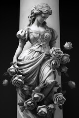 A baroque marble statue of a beautiful woman with a rose wreath around her lower body