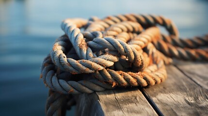 Fototapeta premium Detailed View of a Knotted Rope at a Mediterranean Fisherman's Wharf. Generative ai