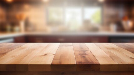 Wooden Countertop with a Blurred Lighten Kitchen in the Background. Generative ai