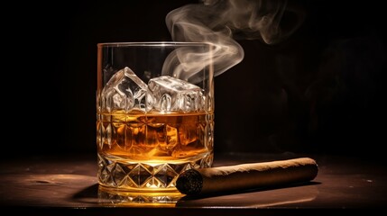 Savoring Moments: Whiskey on the Rocks Paired with a Smoldering Cuban Cigar. Generative ai