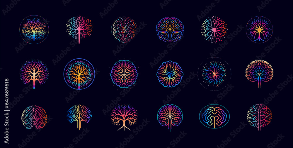 Poster Brain neural network icon set, representing the connection of neurons, vibrant color abstract logo for science and biotechnology brands, AI, health and medical tech. Vector illustration