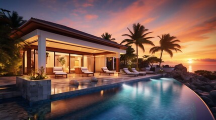 Obraz na płótnie Canvas Opulent Villa Resort Featuring a Contemporary Pool at Dawn. Generative ai