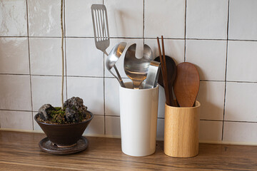 Different kitchen utensil made of wood