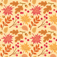 Seamless vector pattern of autumn leaves and berries, decorative fall foliage background, wallpaper, textile print.