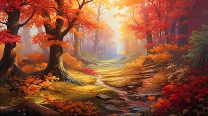 A breathtaking autumn art with exquisite aesthetics. The scene depicts a serene forest painted in shades of crimson, gold, and amber. The trees stand tall, their leaves gently swaying in the breeze.
