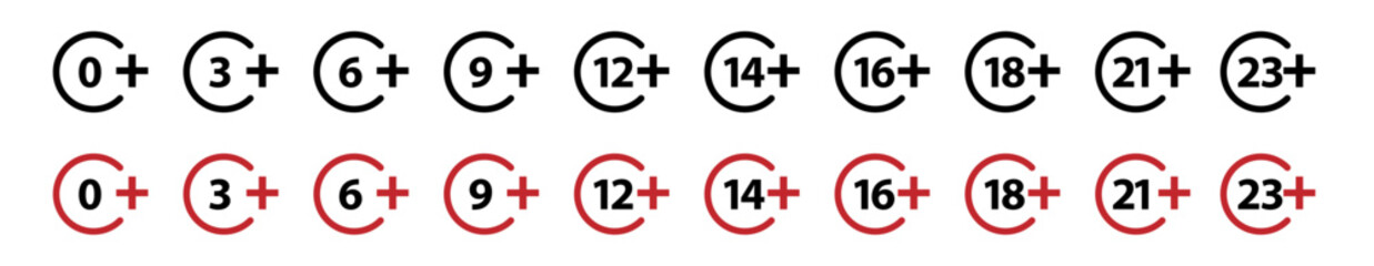 age limit sign. 0, 3, 6, 9, 12, 14, 18, 21, 23, plus vector symbols