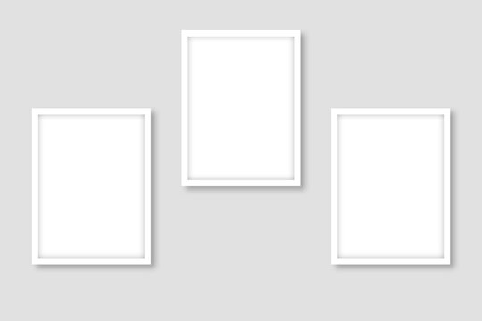 3 Blank white rectangle photo frames template design in a simple layout and a wall gallery look. Used as a printable photo collage for your album pictures or photographs collection in a clean style.