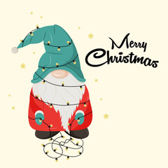 Christmas illustration with gnome and garland. The illustration is excellent for social media posts, cards, brochures, flyers, and advertising poster templates. It is a vector illustration.