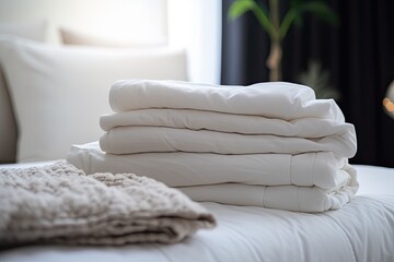 White, clean towels and bed linens neatly folded in a hotel room promise a comfortable and luxurious stay.
