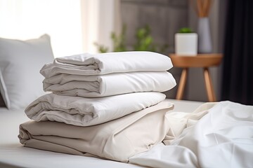 Fototapeta na wymiar Clean white linens folded neatly on the bed promise soft comfort and a fresh, relaxing atmosphere.