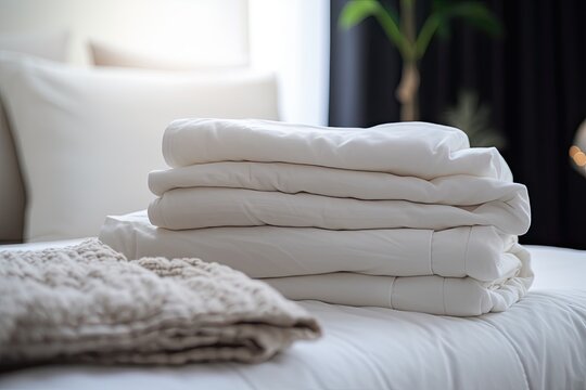 White, clean towels and bed linens neatly folded in a hotel room promise a comfortable and luxurious stay.