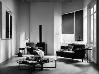 A monochromatic room, with textiles in black and white creating a bold and modern look.