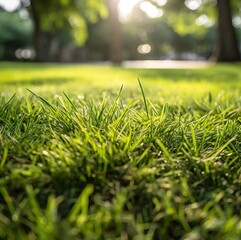 A closeup of green grass with shining light trougtht it