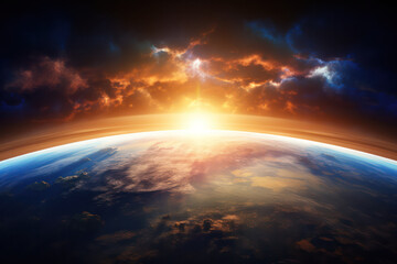 Sunrise Over Earth: The Orb of Life Awakens to a New Day, Painting the Sky with its Radiant Glow - obrazy, fototapety, plakaty