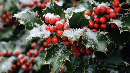Holly covered by snow, Christmas background