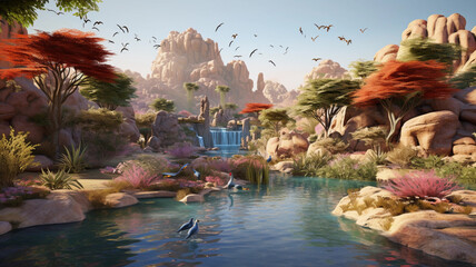 an awe-inspiring artwork featuring a whimsical desert oasis, with lush greenery and sparkling blue waters nestled amidst the arid sands, as colorful birds and fantastical creatures gather in harmony