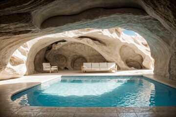 interior cave design. ai generate illustration. swimming pool concept inside. fantasy architecture building. hotel water stone underground. abstract house living room. tunnel beautiful landscape.