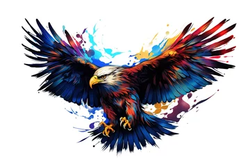 Gordijnen Image of colorful flying eagle on white background. Birds. Wildlife Animals. Illustration, Generative AI © yod67