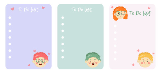 Set of cute note organizer, check list, to do list with kawaii cartoon characters of little boy and girl. Printable cute checklist. Kawaii stationery with pastel soft colors for children